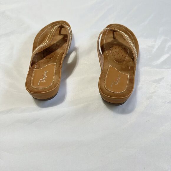 Passions Womens Size US 9 Tan Mustard Stitched  Comfort Low Heel Thong Sandals - Picture 4 of 8